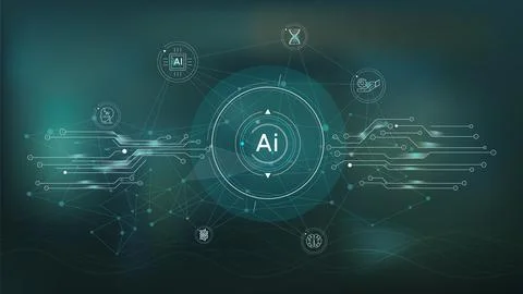 Futuristic interface with electronic chips and artificial intelligence. Stock-Illustration