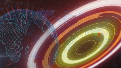 Futuristic interface featuring rotating HUD elements with glowing Earth map and Stock Footage 307456774