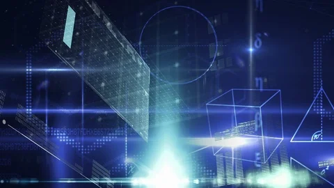 Futuristic interface with graphs and geometrical figures and program codes in Stock Footage 110733479
