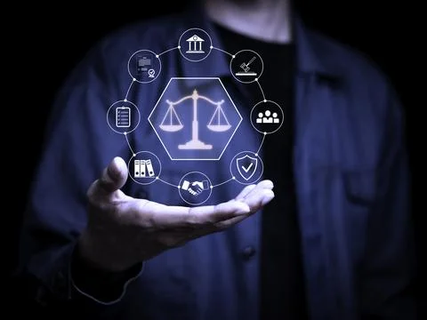 Futuristic interface of law and justice icons floating above a man hand, re.. Foto stock