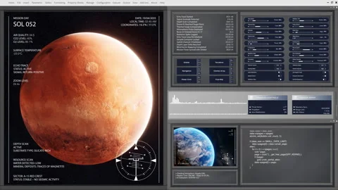 Futuristic interface presenting telemetry statistics for space travel to Mars Stock Footage 322709265