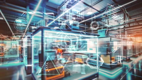 Futuristic interface showing data analysis in automated production line Видео 303781647
