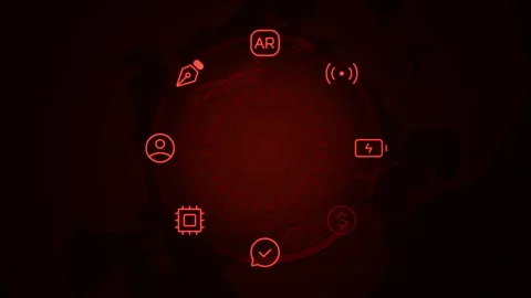 Futuristic Interface with Tech Icons and Red Circular HUD Elements 库存影片 339173739