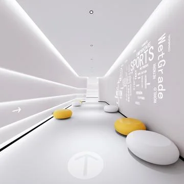 Futuristic Interior Corridor with Man Walking, 3D Architectural Visualization Stock Illustration