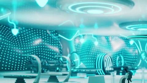Futuristic interior design with blue lighting and curved shapes Stock Footage 343555742