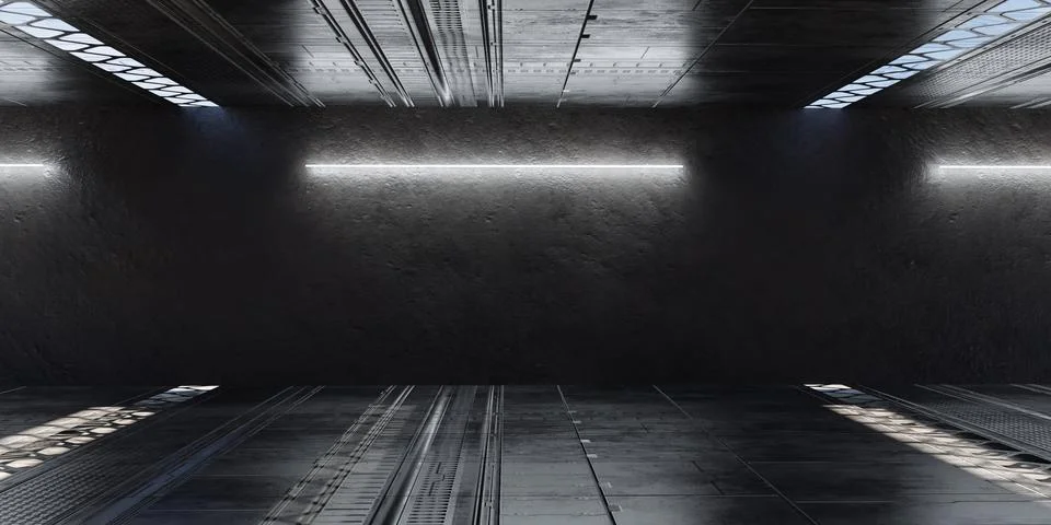 Futuristic interior design of a dark, empty corridor with spotlights 3d render Illustrazione stock