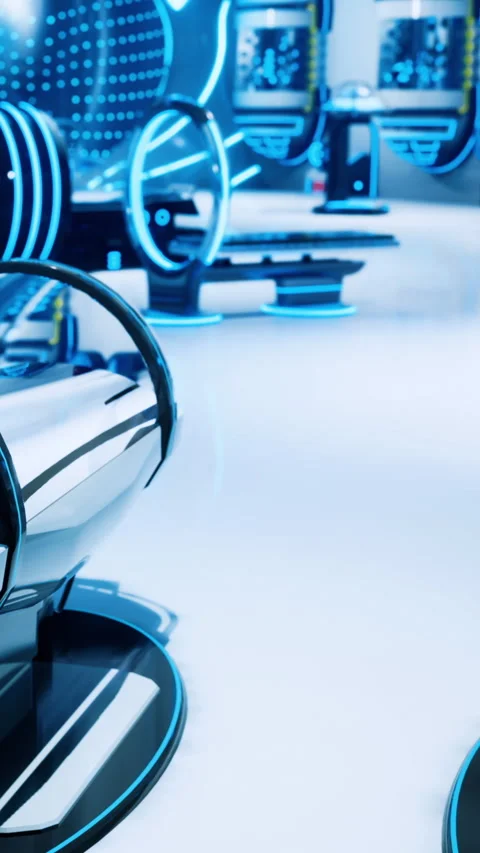 Futuristic interior design with glowing elements and modern furniture Stock Footage 332229497