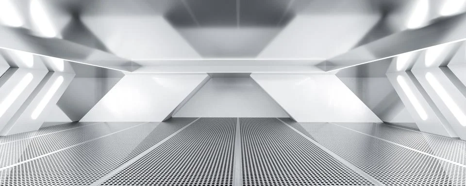 Futuristic interior design of a minimalistic corridor with illuminated walls 3d Stock Illustration