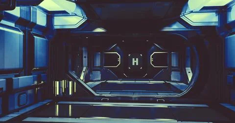 Futuristic interior of a sci fi space station corridor with blue lighting イラスト素材