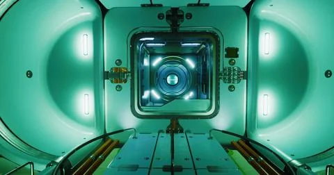 Futuristic interior of a sci fi space pod with illuminated technology Ilustração Stock