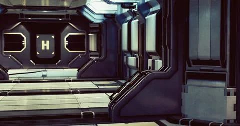 Futuristic interior of a space station corridor with sleek design elements 库存插图