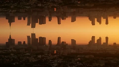 Futuristic inverted Aerial View landscape of peripheral parallel city. Parall Stock Footage 220804101