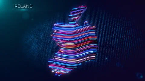 Futuristic Ireland Map With Neon Waves And Country Text Stock Illustration