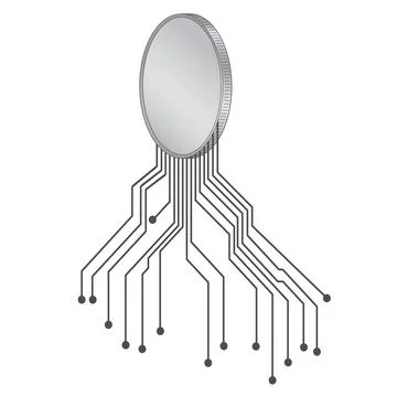 Futuristic isometric coin with PCB tracks in gray isolated on white. Stock Illustration