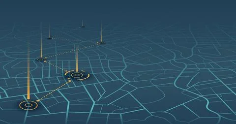 Futuristic isometric map with orange light beams and data path. Vector Stock Illustration