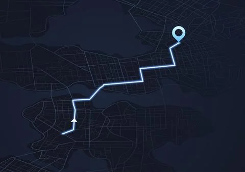 Futuristic isometric map with planned route highlighted in bright blue line Stock Illustration