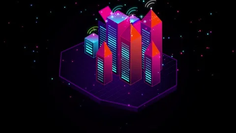 Futuristic isometric smart city with digital signals on dark background for.. Stock Footage 345041290