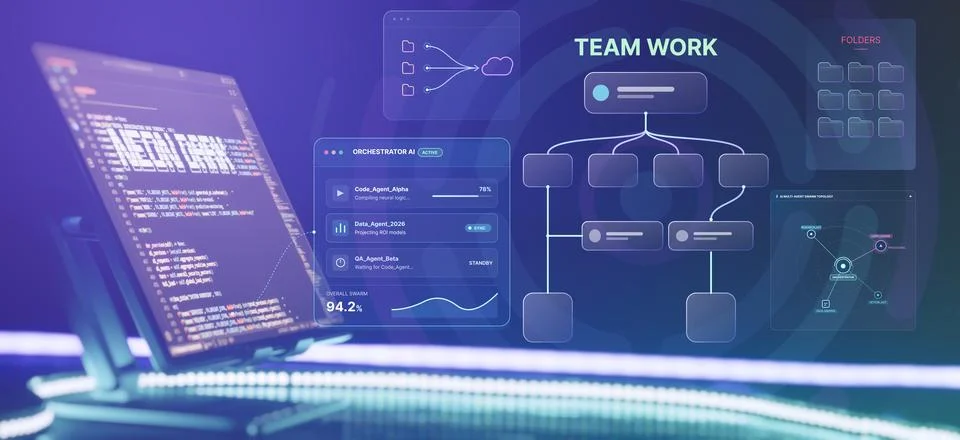 Futuristic IT automation dashboard. Visualizing software development DevOps w Stockfoto's