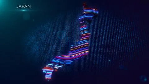 Futuristic Japan Map with Neon Wavy Lines and Text Label Stock Illustration