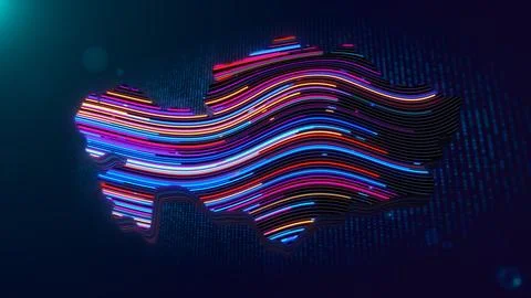 Futuristic Kazakhstan Map with Glowing Wavy Neon Lines and Digital Grid Illustration