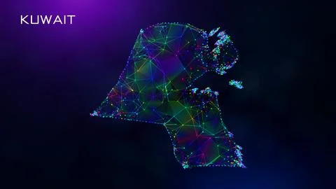 Futuristic Kuwait Map Polygonal Connected Lines And Dots Network Wireframe  Illustrazione stock