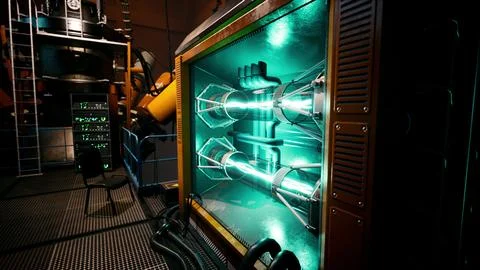 Futuristic lab with advanced energy reactors and high tech gear Stock Illustration