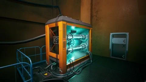 Futuristic lab with advanced energy storage technology and machinery Illustrazione stock