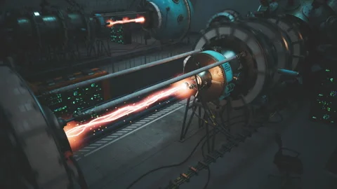 Futuristic lab with advanced energy tech and glowing plasma streams Video stock 304524135