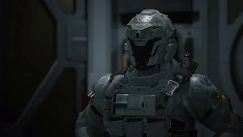 Futuristic Lab Scene: Soldier Interacts With Holographic Tech Stock Footage 155607386