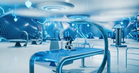 Futuristic laboratory with advanced technology and blue neon lighting 스톡 일러스트