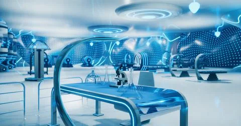 Futuristic laboratory with advanced technology and blue lighting environment 库存插图