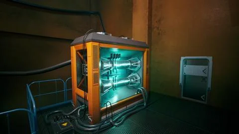 Futuristic laboratory with advanced technology and glowing energy core at nig Stock Illustration