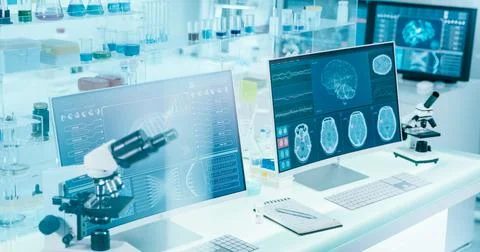 Futuristic laboratory. Brainwave scanning models and DNA sequences Stock Photos