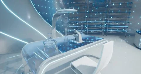 Futuristic laboratory design with advanced technology and glowing elements Illustrazione stock