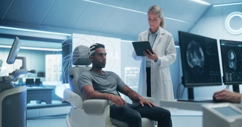 Futuristic Laboratory Doctors use High Tech Device To Scan Patient Brain Stock Footage 295316841
