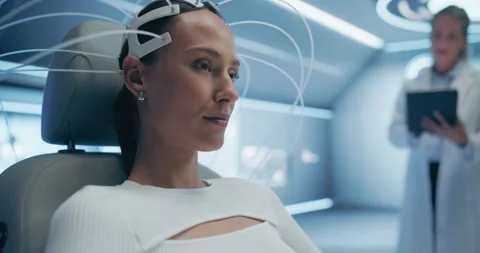Futuristic Laboratory Doctors use High Tech Device To Scan Female Patient Brain Stock Footage 295317593