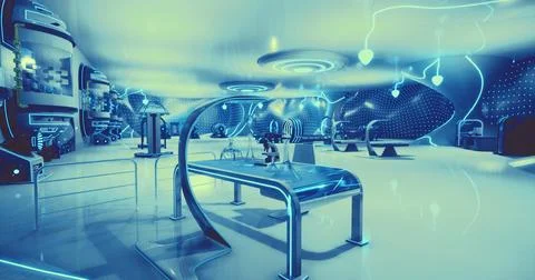 Futuristic laboratory environment with glowing technology and sleek design Stock Illustration