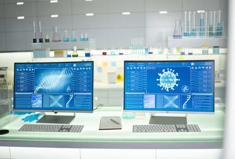 Futuristic laboratory equipment - coronavirus testing. 스톡 사진