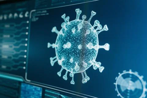 Futuristic laboratory equipment - coronavirus testing. Virus model on screen 스톡 사진