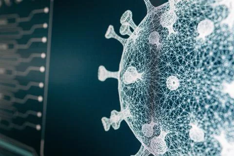 Futuristic laboratory equipment - coronavirus testing. Virus model on screen 스톡 사진