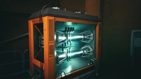 Futuristic laboratory featuring advanced energy reactor with glowing componen 스톡 일러스트