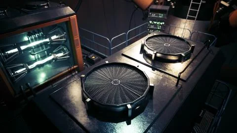 Futuristic laboratory featuring advanced machinery and dark metallic surfaces Stock Illustration