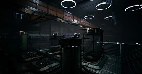 Futuristic laboratory interior with advanced technology and dim lighting Illustrazione stock