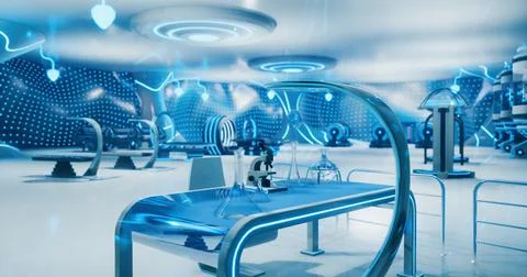 Futuristic laboratory interior with advanced technology and vibrant lighting Stock Illustration