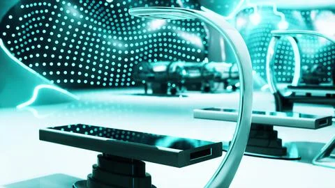 A futuristic laboratory with a large mirror as the centerpiece 스톡 일러스트
