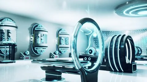A futuristic laboratory with a plethora of mirrored surfaces 스톡 일러스트