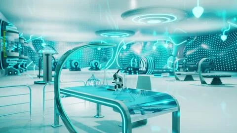 A futuristic laboratory room with white plastic furniture and neon lights Stock Illustration