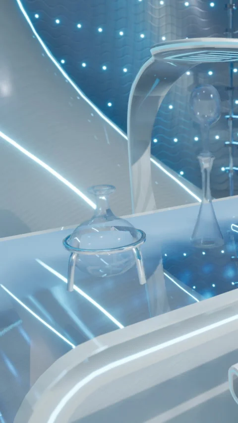 Futuristic laboratory setting with glowing glassware and high tech design Stock Footage 334208579