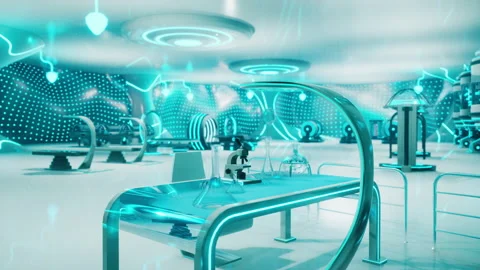 A futuristic laboratory with a sleek white plastic table and chairs Stock Footage 251890540