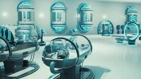 A futuristic laboratory with a stunning display of round mirrors Stock Illustration